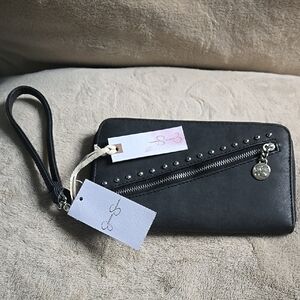 Black Leather Wristlet with Studded Detail